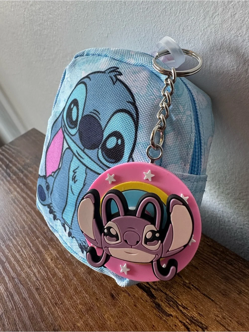 Kids Blue Stitch Bag Charm Keychain Pouch w/ Angel Spinning Keychain Charm NWOT